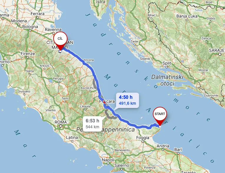 Mapa trasy 13. dne cesty do San Marina