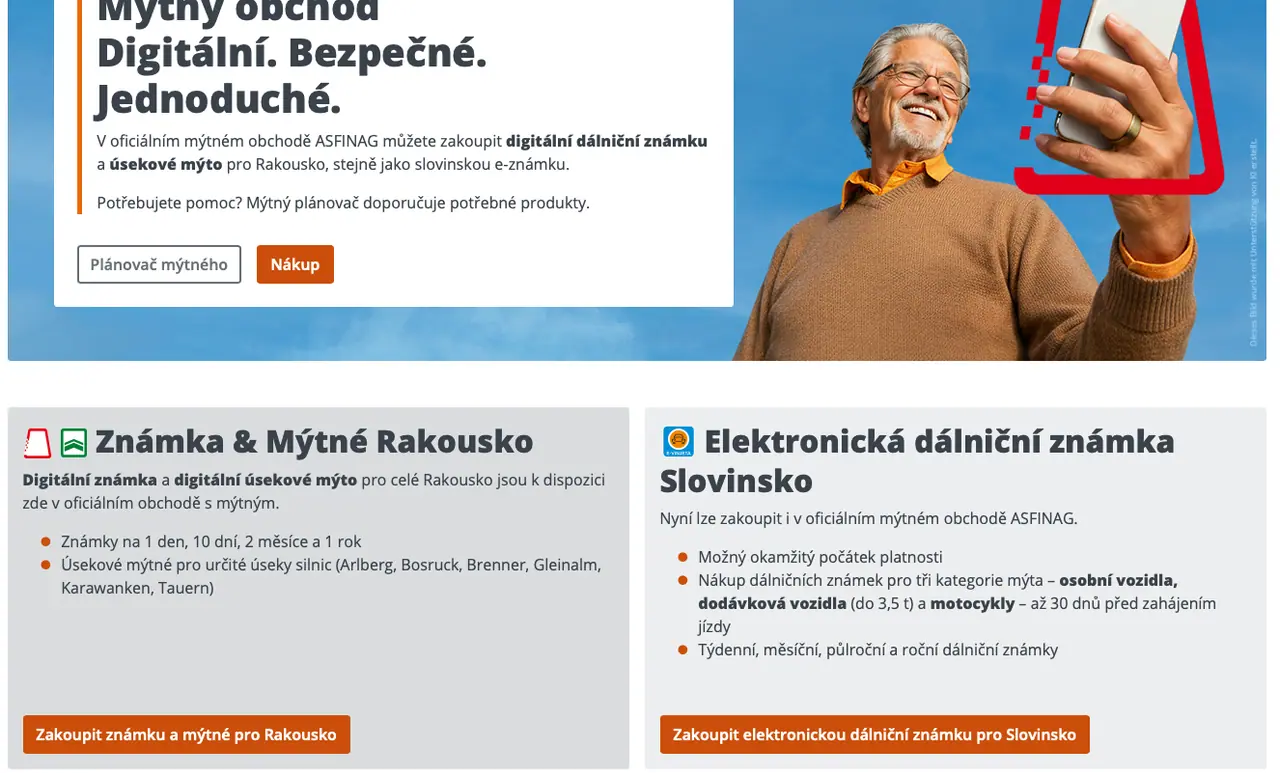 Oficiální stránka ASFINAG k zakoupení rakouské dálniční známky.