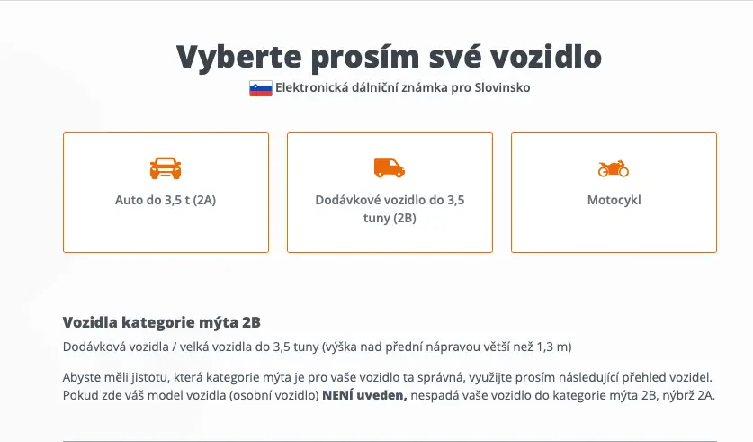 Výběr kategorie vozidla pro Slovinskou dálniční známku.