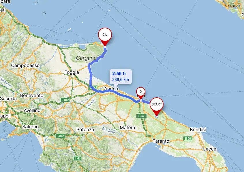 Mapa trasy 12. dne cesty – 240 km