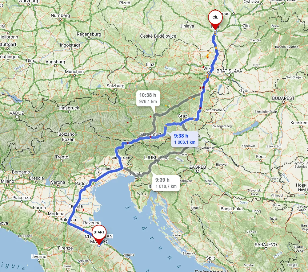 Mapa trasy 14. dne cesty – 1 000 km domů