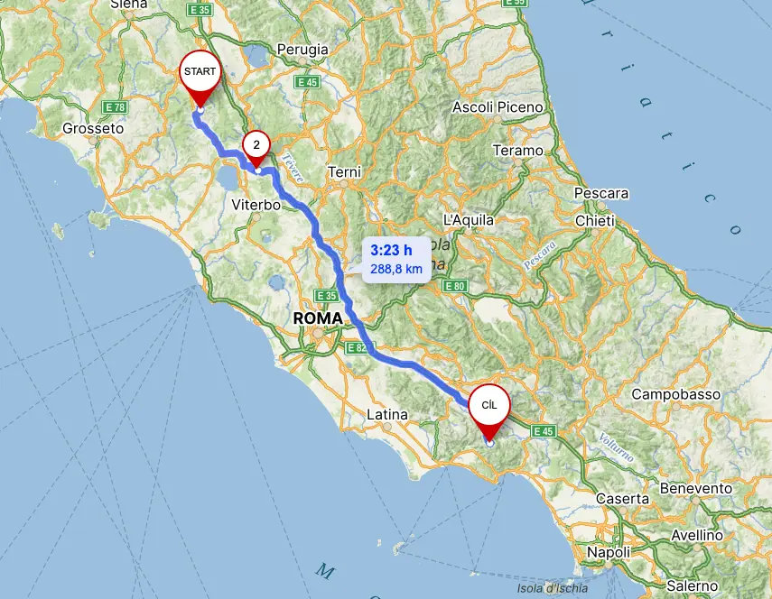 Mapa přesunu 5. dne cesty – 288 km