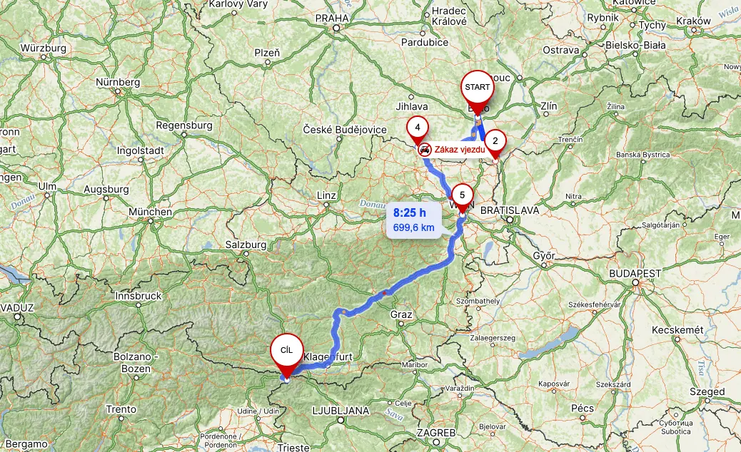 Mapa trasy 1. dne cesty – 700 km