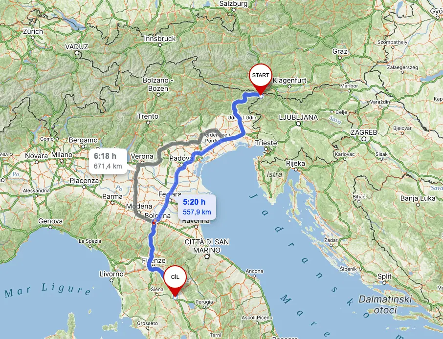 Mapa trasy 2. dne cesty – 560 km