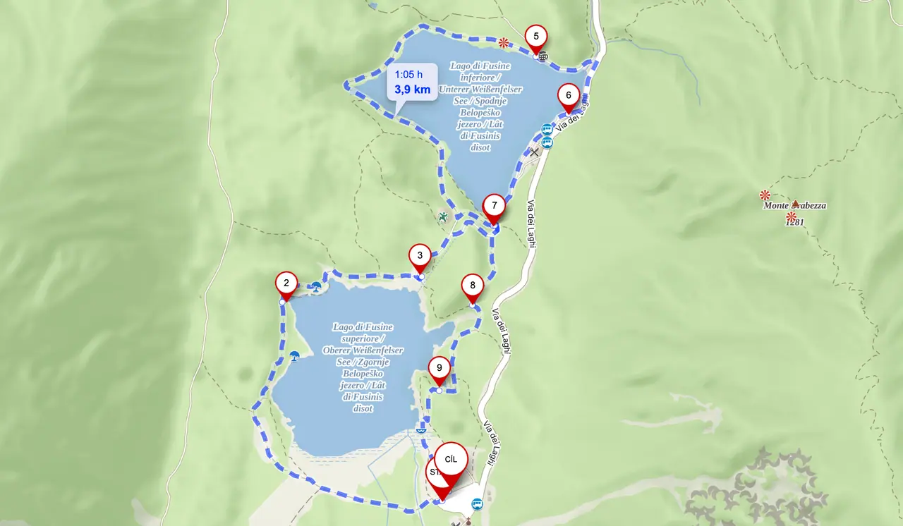 Mapka s vyznačenou trasou kolem jezer Lago di Fusine v Julských Alpách