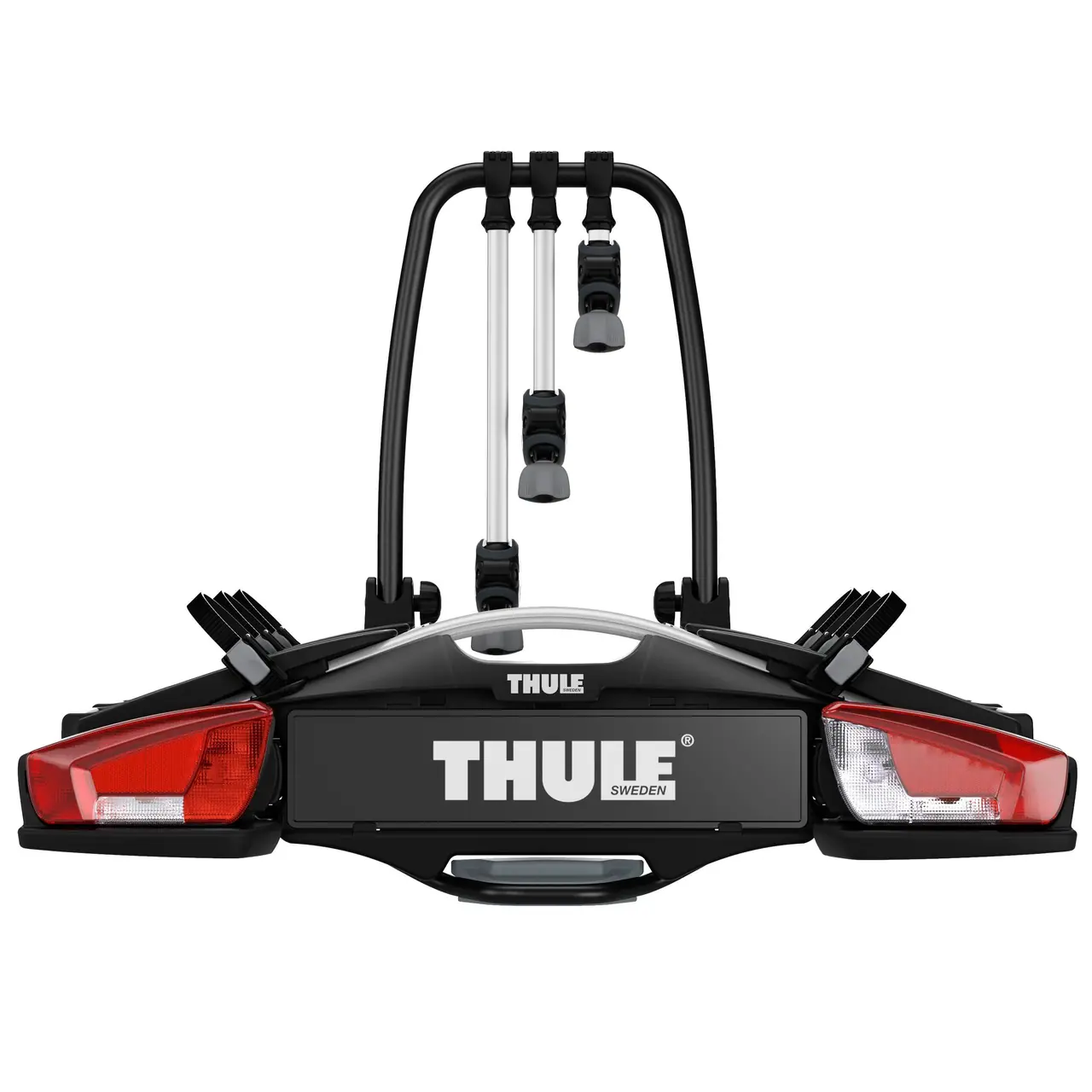 Černý nosič na čtyři kola Thule VeloCompact s červenými zadními světly a nastavitelnými držáky na tažné zařízení