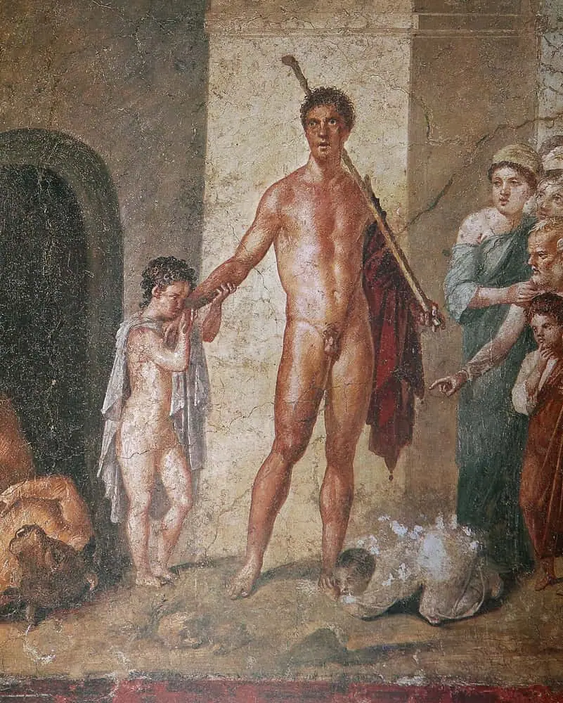 Detail zachovalé nástěnné fresky v domě v Pompejích