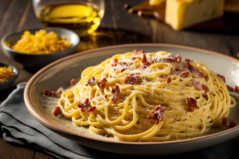 Talíř čerstvých spaget carbonara s kousky pancetty, strouhaným sýrem a černým pepřem, v pozadí olivový olej a parmazán