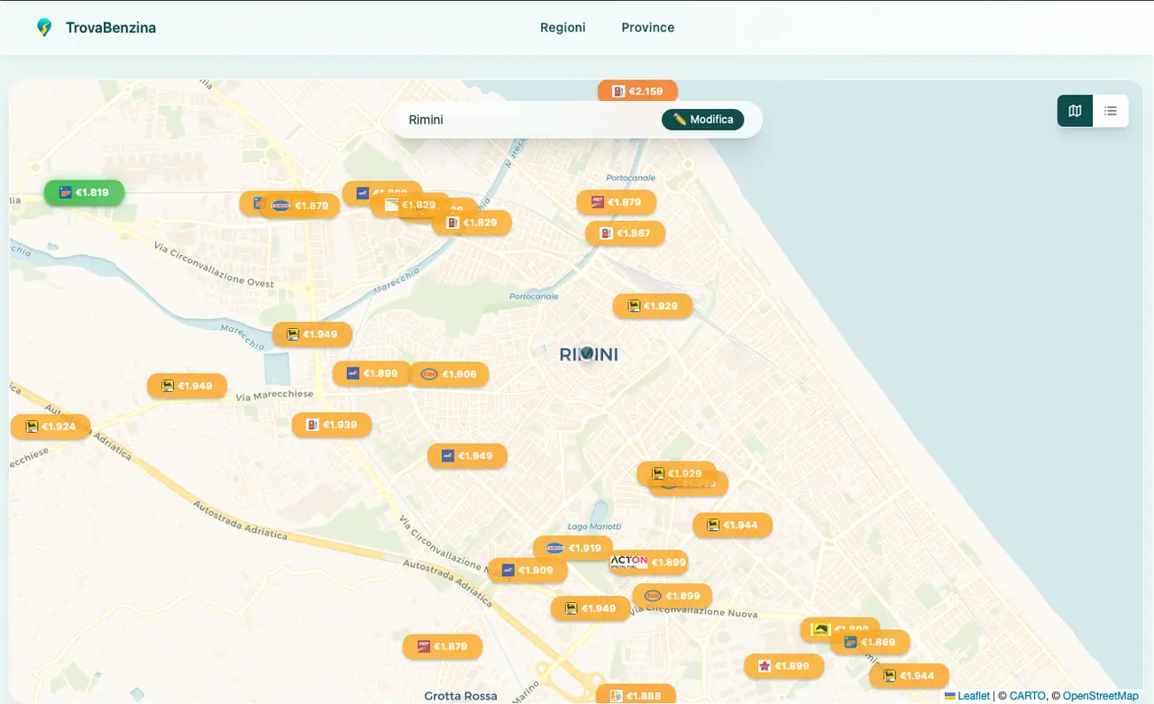 Mapa Trovabenzina s cenami benzínu u čerpacích stanic v okolí Rimini