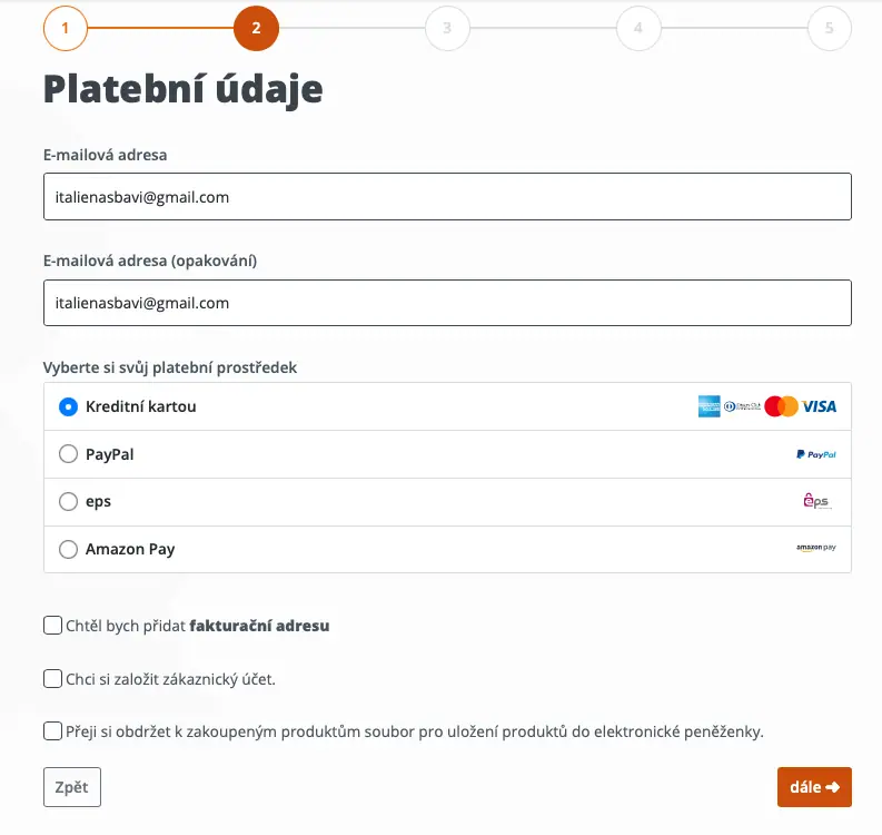 Výběr platebních údajů při nákupu dálniční známky