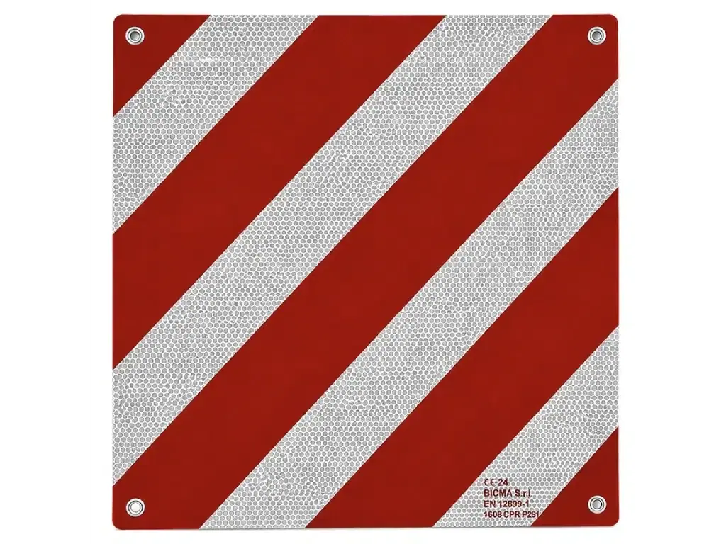 Výstražná značka BICMA 50×50 cm pro Itálii — hliník, certifikace CE-24, EN 12899-1